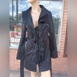 Willi Smith Black Ruffle-Front Trench Coat